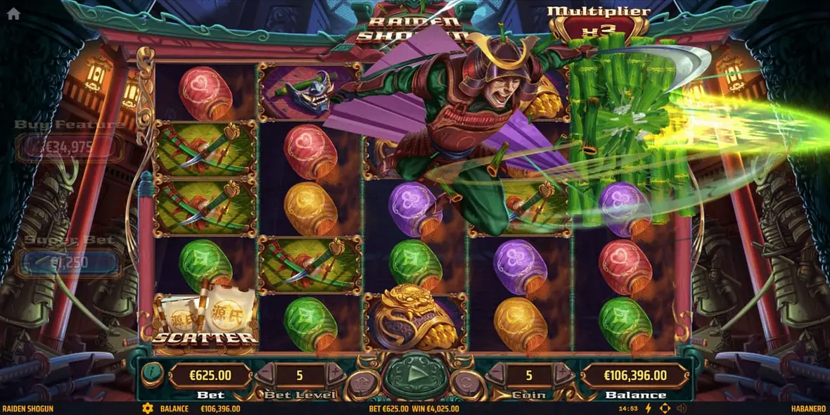 The samurai cutting through bamboo across the reels of the Raiden Shogun slot