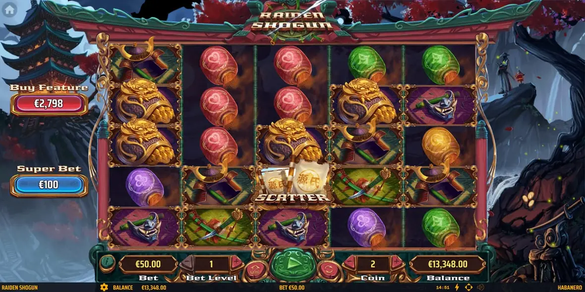 Raiden Shogun slot base field: five reels and five rows of lanterns, masks, blades and guardian statues