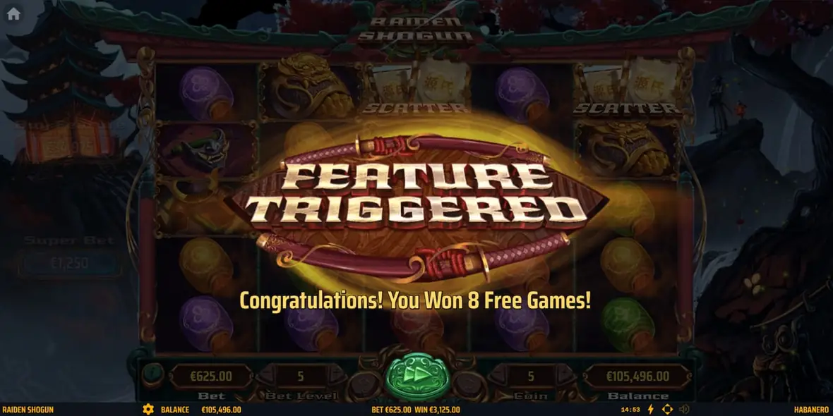 The trigger panel of the Raiden Shogun slot announcing eight free games after three Scatters