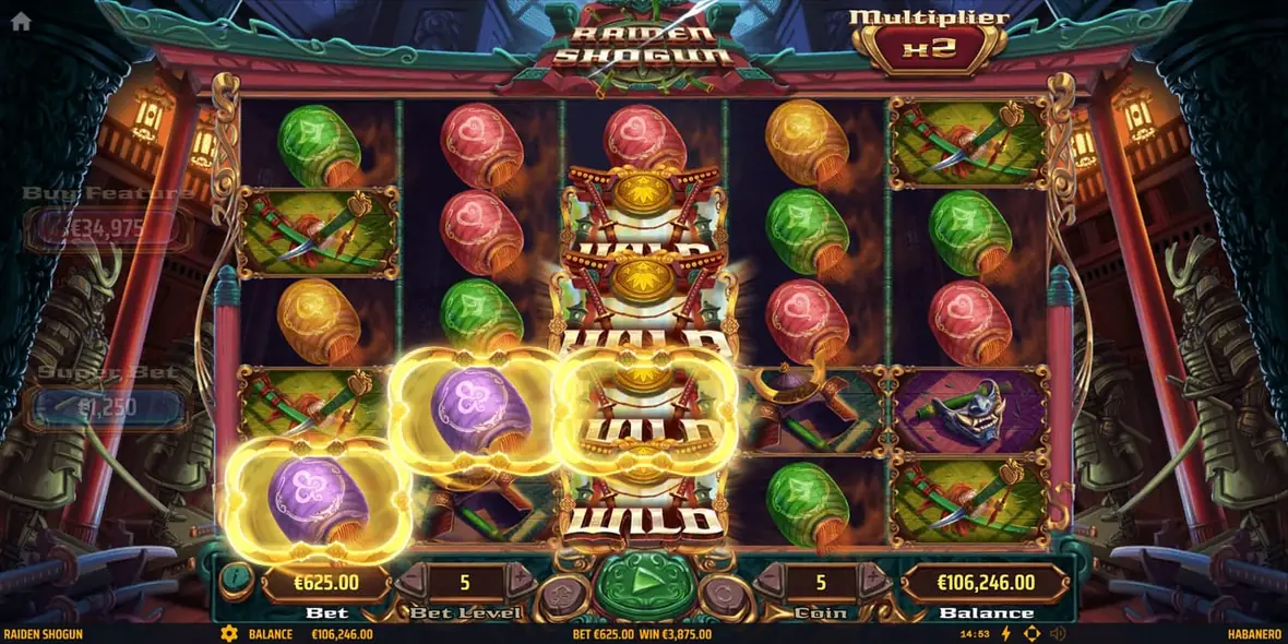 A stacked Wild filling the centre reel of the Raiden Shogun slot while the multiplier panel reads x2