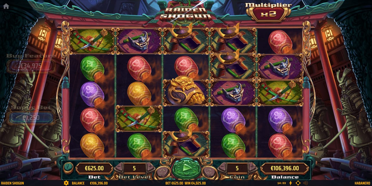 Raiden Shogun Free Games grid displaying a persistent x2 multiplier