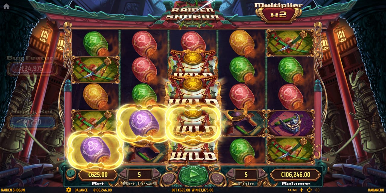 Raiden Shogun stacked Wild filling the centre reel in Free Games