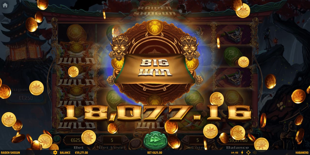 Raiden Shogun win screen with temple frame and coin effects